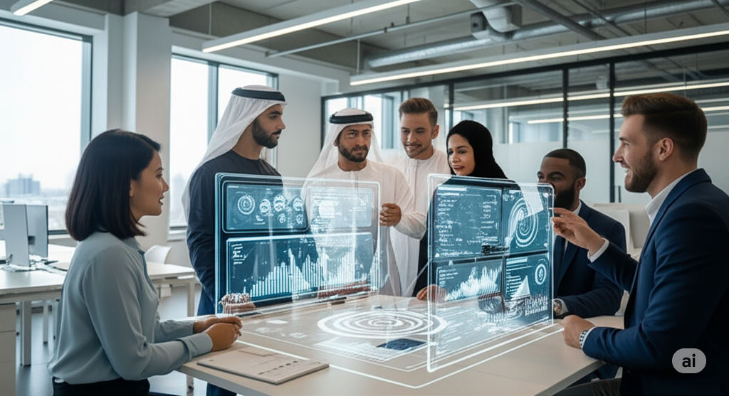 Oligo IT Solutions team in a modern office discussing technology
